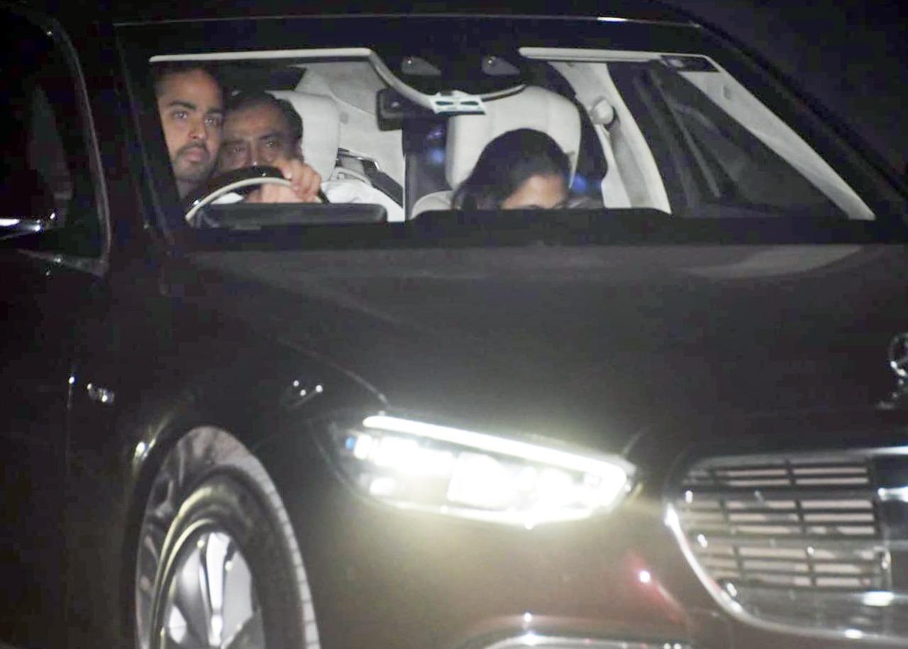 Akash Ambani was seen driving his father Mukesh Ambani and wife Shloka to the venue as the three arrived for the annual day function of Dhirubhai Ambani International School.